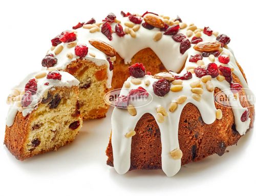 Cake with cranberries, apricots, almonds and pine nuts